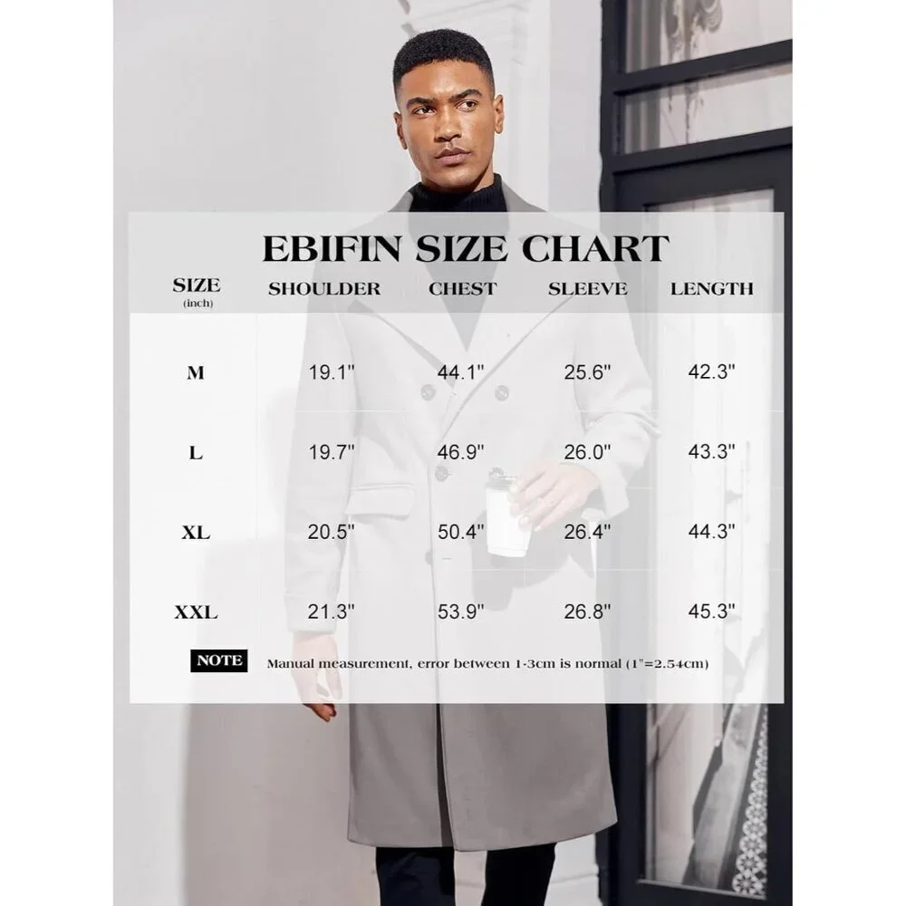Men's Black Notch Lapel Double Breasted Long Trench Coat Cotton Blend Pea coat